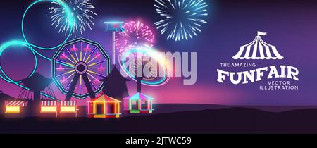 Ciricus and funffair event with rides glowing at night and fireworks in the distance. Vector illustration. Stock Vector