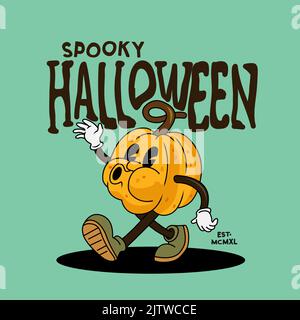 Happy Halloween! A vintage whistling pumpkin character walking into halloween. Vector illustration Stock Vector