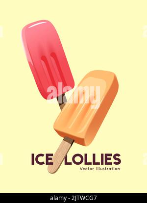 Refreshing frozen fruit ice lollies summer treat, realistic vector illustration Stock Vector