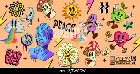 Psychedelic Acid cartoon characters and elements collection. Vector illustration Stock Vector