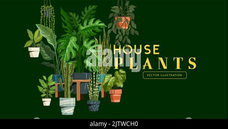 A set of fresh and green indoor house plants. Vector illustration. Stock Vector