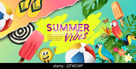 Colourful summer holiday tropical collage background. Vector illustration. Stock Vector