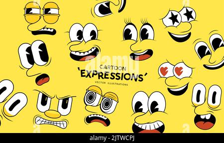 Vintage style cartoon faces and emotion expressions, Vector illustration. Stock Vector