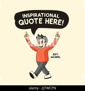 Happy vintage male character pointing up towards a message. Vector illustration. Stock Vector
