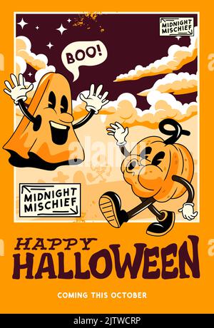 A vintage halloween decoration party layout design with cartoon ghosts and pumpkins. Stock Vector