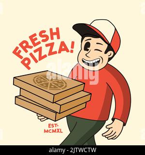 Vintage Fast food delivery character carrying fresh pizza. Vector illustration. Stock Vector