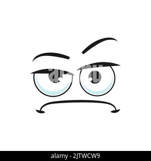 Cartoon face vector suspecting emoji with squinted eyes look sullenly and closed mouth with corners curved down. Doubt facial expression, suspect funny feelings isolated on white background Stock Vector