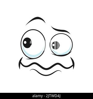 Cartoon disgruntled face vector funny facial emoji with round eyes and tremble mouth. Comic discontented face, wrathy emotion isolated on white background Stock Vector
