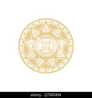 Alchemy and occult science magic symbol, esoteric religion and astrology mystic sign with cross. Vector gold circle with triangles, pentagram star, an Stock Vector
