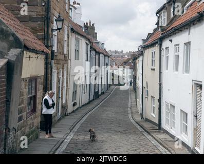 Dog walking down the famous Henrietta Street in Whitby observed by a passer-by Stock Photo