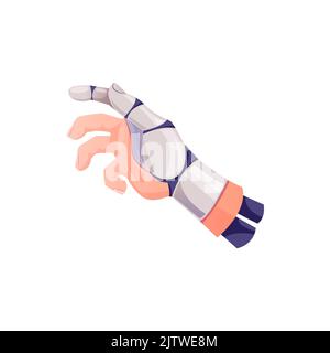 Human hand with fingers robotic prosthesis disabled limb isolated cartoon icon. Vector robot body part, cyborg palm, robotized hand. Robot artificial hand with metal finger, innovation medicine Stock Vector