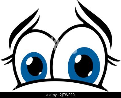 Face and eyes character smile, cartoon comic emoticon vecor icon. Big blue eyes or doodle googly facial expression emoji with sad crying or unhappy look Stock Vector