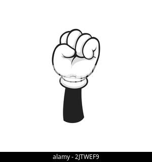 Hand in fist isolated cartoon glove hand arm, comic gesture. Vector arm with folded fingers, nonverbal communication sign. Raised hand with clenched fist, protest gesture. Revolution power strength Stock Vector