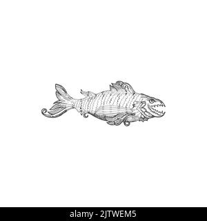 Sea monster serpent dragon fish leviathan sketch isolated. Vector deep sea creature, fantastic marine dangerous fish with sharp teeth and thorns, aquatic beast monster, fantasy underwater animal Stock Vector