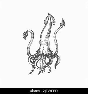 Giant hooked squid isolated marine animal mollusk monochrome sketch icon. Vector marine underwater mollusk hooked-squid. Squid with elongated body, large eyes and eight arms, invertebrate cuttlefish Stock Vector