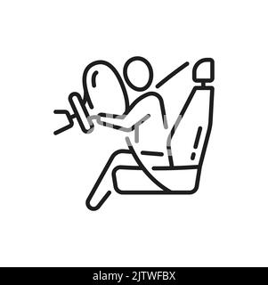 Car crash, driver safety in accident or collision thin line icon with airbag deployment after crash impact. Automobile insurance risk, traffic rules violation or road accident line pictogram or icon Stock Vector