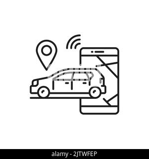Total automobile check linear car with magnifier and location point. Find sharing vehicle, outline linear sign. Finder sign of autos on rent Stock Vector