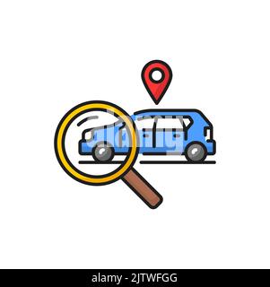 Car with location mark and magnifier search color icon. Vector finder sign and auto on rent, search for car sharing service. Find vehicle to share Stock Vector