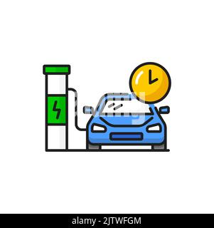 Car share service, charge in time, petrol or electric station. Rent by hour linear icon. Car-lifting, modern business with cars on rent or change Stock Vector