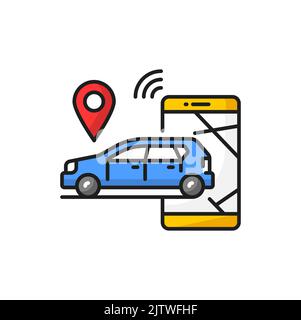 Car with location mark, search by smartphone icon, search of car in mobile application. Vector find sharing or on rent vehicle, color linear sign Stock Vector