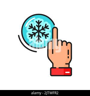 Winter weather forecast sign, snow flake and arm isolated outline icon. Vector snowfall, slipperiness or slippery symbol. Weather forecast, snowflake in round circle and hand pointing on it Stock Vector