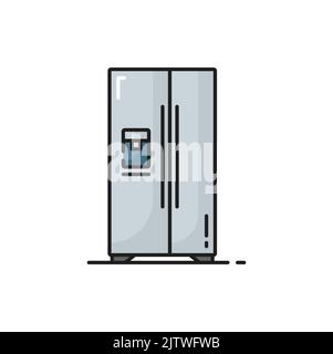 Refrigerator with side-by-side double door system isolated grey color line icon. Vector fridge showcase with two doors, industrial fridge. Household appliance freezer, kitchen home household equipment Stock Vector