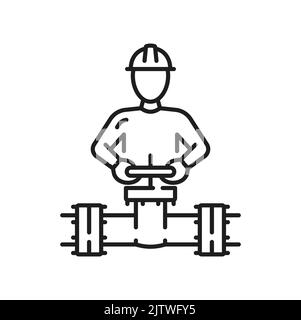 Pipe with valve ball, fittings man and piping system isolated outline icon. Vector industrial faucet for water, oil, gas pipeline, pipes sewage. Construction pressure technology plumbing and plumber Stock Vector