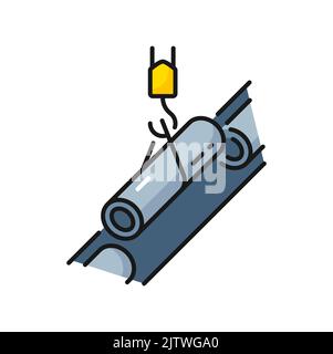 Metal pipe on tap isolated pipeline construction color outline icon. Vector lifting hook moving loads with iron pipe, oil and gas industry equipment Stock Vector