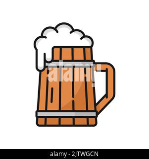 Wooden mug of beer, German Oktoberfest alcohol drink color outline icon. Vector cider beverage with foam. Light or dark ale in lager, brewery product Stock Vector