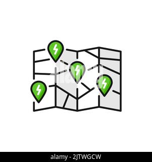 EV charging stations map or network isolated color icon. Vector electric vehicle charging station places pinpoint, map point with green bolt power sign Stock Vector