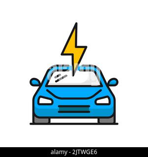 Electric car charge, sign on thunderbolt energy power symbol isolated color icon. Vector eco vehicle charging point, parking space for hybrid cars Stock Vector