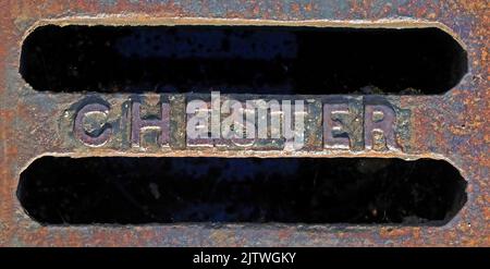 Cast iron grid, embossed with Chester Stock Photo