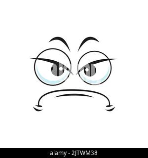 Cartoon face negative expression, vector displeased emoji with squinted eyes look sullenly and closed mouth with corners curved down. Sullen facial emoji, isolated personage bad feelings Stock Vector