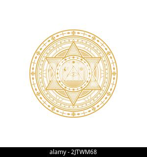 Esoteric amulet, mandala, magic talisman with pyramid, sun and moon, astrology constellations isolated golden circle. Mystery pentagram, mason or freemason vintage mystic ornament, horoscope astrology Stock Vector