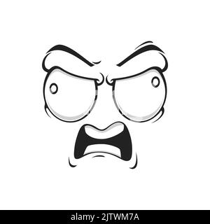 Cartoon angry face with mad eyes and yell mouth. Vector yelling emoji, furious boss facial expression, aggressive feelings, comic face with furrowed brows isolated on white background Stock Vector