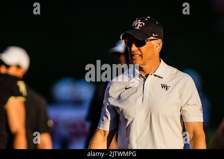 Winston-Salem, NC, USA. 1st Sep, 2022. Wake Forest Demon Deacons head coach Dave Clawson during warmups against the Virginia Military Institute Keydets in the NCAA football match up at Truist Field in Winston-Salem, NC. (Scott Kinser/CSM). Credit: csm/Alamy Live News Stock Photo