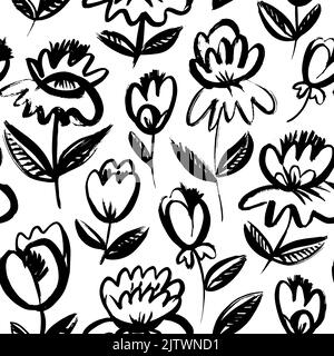 Seamless pattern with black brush drawn flowers. Stock Vector