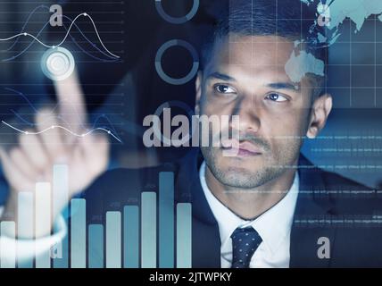 Digital infographics, web graphs and futuristic interface screen for charts, data and stats of business man coding in work office. Face of website Stock Photo