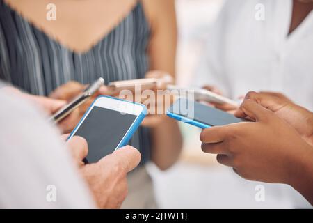 Phone, social media communication and 5g internet of technology community or friends together. Online, mobile and web search of hands typing and Stock Photo
