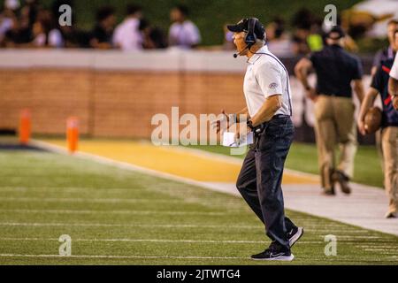 Winston-Salem, NC, USA. 1st Sep, 2022. Wake Forest Demon Deacons head coach Dave Clawson reacts as his team gets a penalty in the fourth quarter of the NCAA football match up at Truist Field in Winston-Salem, NC. (Scott Kinser/CSM). Credit: csm/Alamy Live News Stock Photo