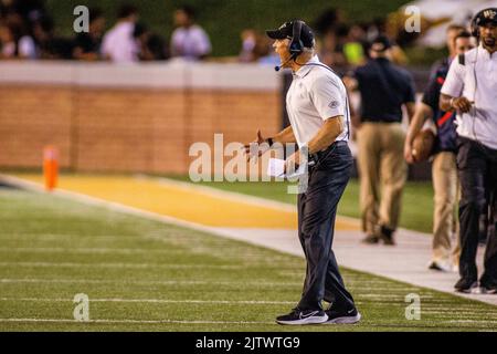 Winston-Salem, NC, USA. 1st Sep, 2022. Wake Forest Demon Deacons head coach Dave Clawson reacts as his team gets a penalty in the fourth quarter of the NCAA football match up at Truist Field in Winston-Salem, NC. (Scott Kinser/CSM). Credit: csm/Alamy Live News Stock Photo