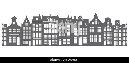 European houses seamless border. Amsterdam buildings row pattern. Silhouette of street of the city. Vintage architecture landscape. Vector panorama. Stock Vector