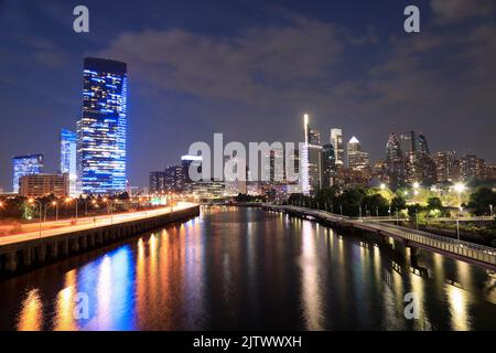 Philadelphia skyline reflected on Schuylkill River at dusk, Pennsylvania, USA Stock Photo