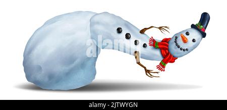 Funny twisted Snowman character isolated on a white background as a fun magical winter celebration icon and festive seasonal symbol for snowing. Stock Photo