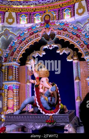 01 September 2022, Pune, Maharashtra, India, Beautiful idol of Lord Ganesh installed by Bhausaheb Rangari Ganpati during Ganesh festival 2022. Stock Photo