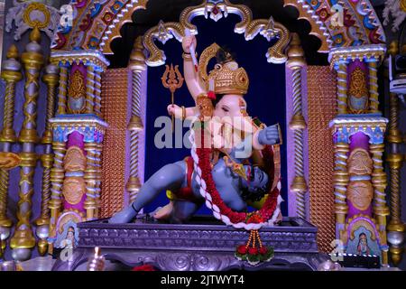 01 September 2022, Pune, Maharashtra, India, Beautiful idol of Lord Ganesh installed by Bhausaheb Rangari Ganpati during Ganesh festival 2022. Stock Photo