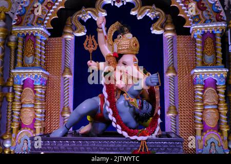 01 September 2022, Pune, Maharashtra, India, Beautiful idol of Lord Ganesh installed by Bhausaheb Rangari Ganpati during Ganesh festival 2022. Stock Photo