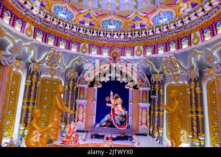 01 September 2022, Pune, Maharashtra, India, Beautiful idol of Lord Ganesh installed by Bhausaheb Rangari Ganpati during Ganesh festival 2022. Stock Photo