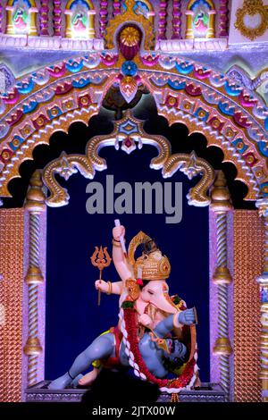 01 September 2022, Pune, Maharashtra, India, Beautiful idol of Lord Ganesh installed by Bhausaheb Rangari Ganpati during Ganesh festival 2022. Stock Photo