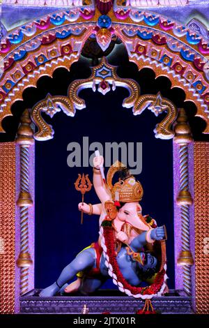 01 September 2022, Pune, Maharashtra, India, Beautiful idol of Lord Ganesh installed by Bhausaheb Rangari Ganpati during Ganesh festival 2022. Stock Photo